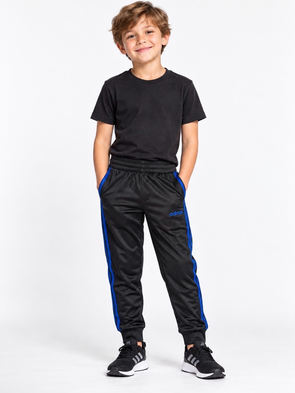 adidas Boy’s S(8) Black Jogger Athletic Sweatpants with Royal Blue Stripe